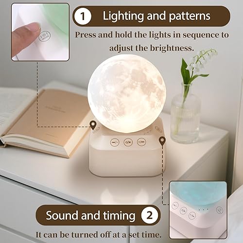 Miniatura 5 de Máquina de dormir de ruido blanco con lámpara de luna, 24 sonidos relajantes, cambio de color RGB ajustable, ayuda para dormir para bebés y adultos,