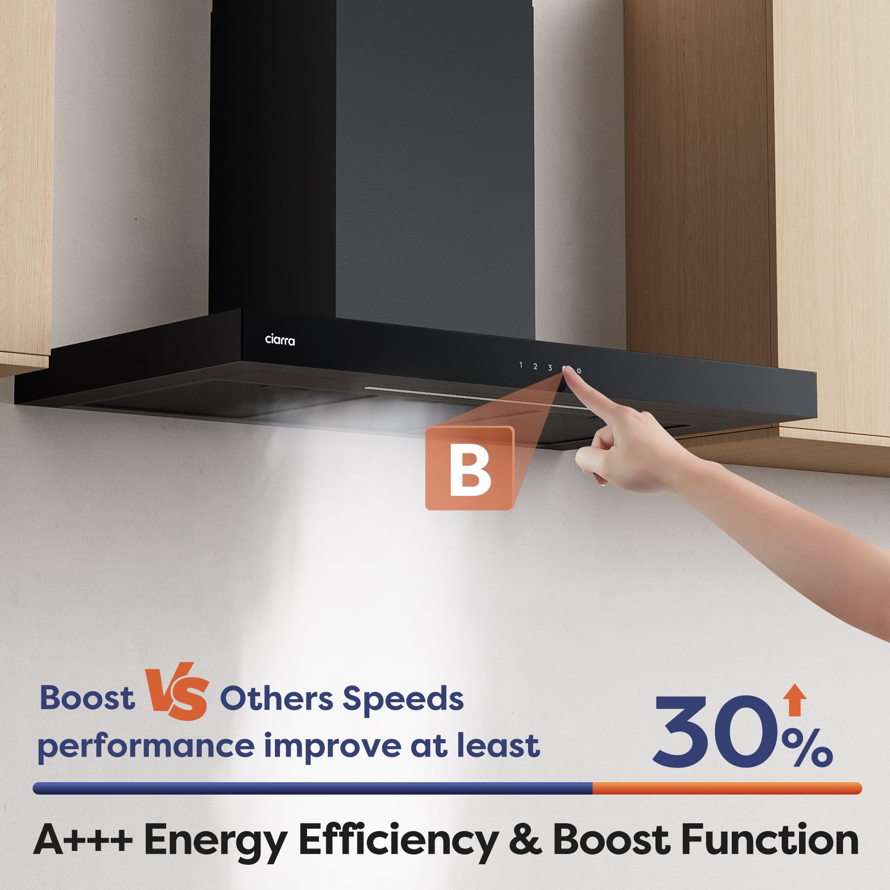CIARRA A+++ CBCB9102 - Cappa aspirante 90 cm, con applicazione touch, 650 m³/h, 4 livelli Filtro Carbone