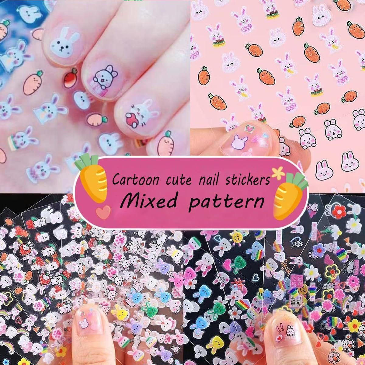 Adesivi 3D per unghie, 90 fogli, autoadesivi, a forma di cuore, per nail art, decorazione fai da te, manicure (conigli)