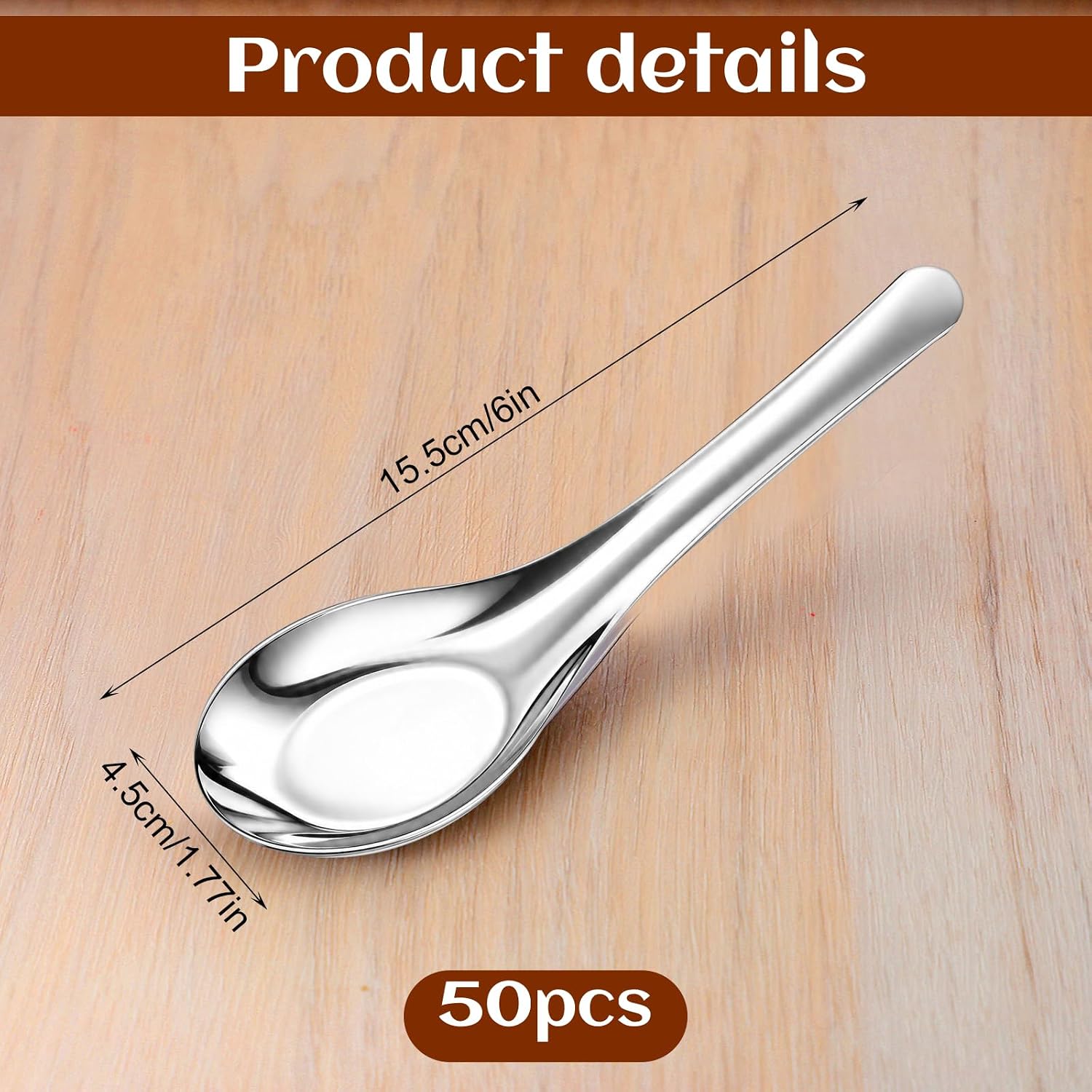 50 Pcs Asian Soup Spoon, 6 Inch Heavy Duty Stainless Steel Soup Spoon Short Handle Polished Mirror Spoons for Rice, Cereal, Cake, Desserts