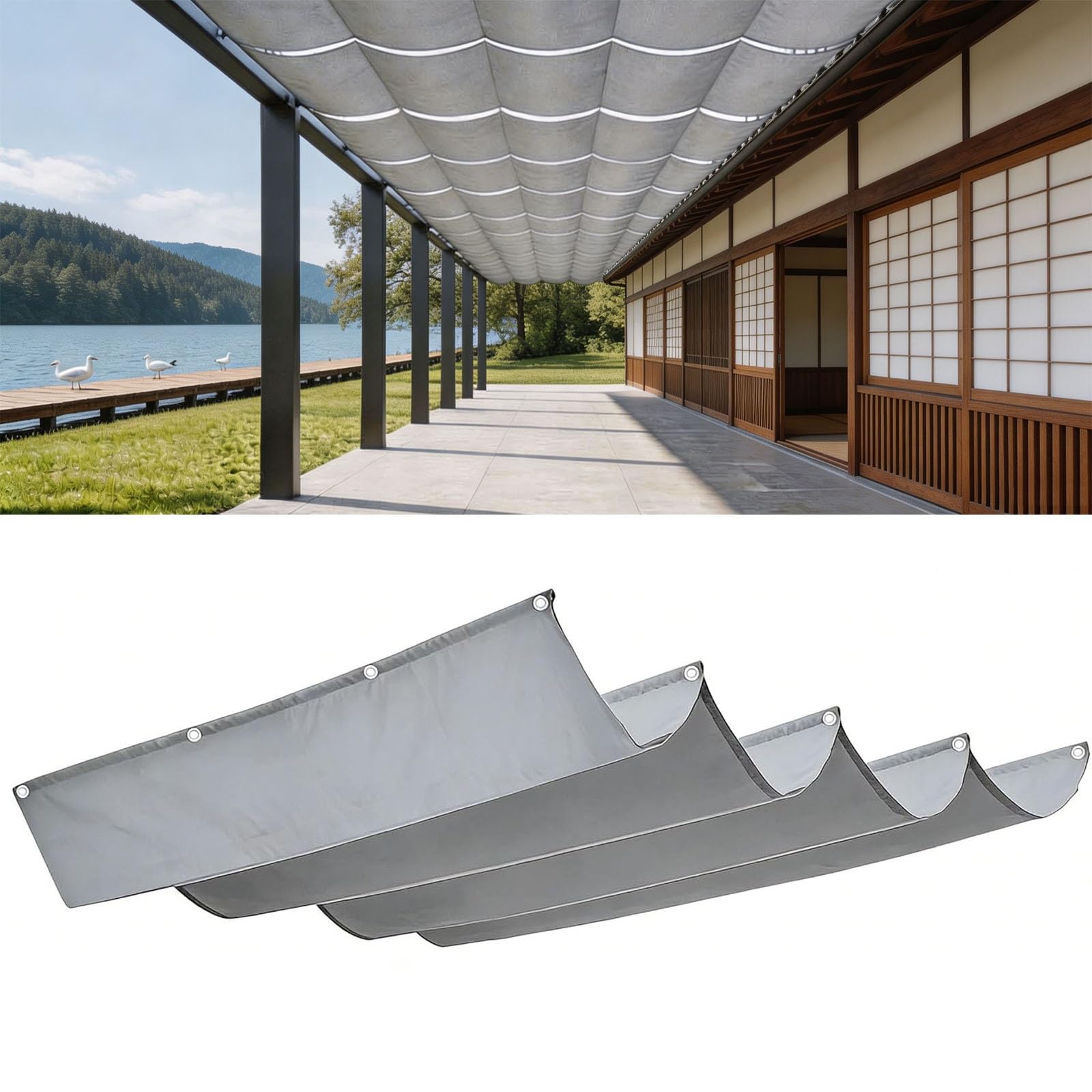 Voile ombrage rétractable vague 2x9.5m gris clair en PES résistant pour terrasse et grand jardin