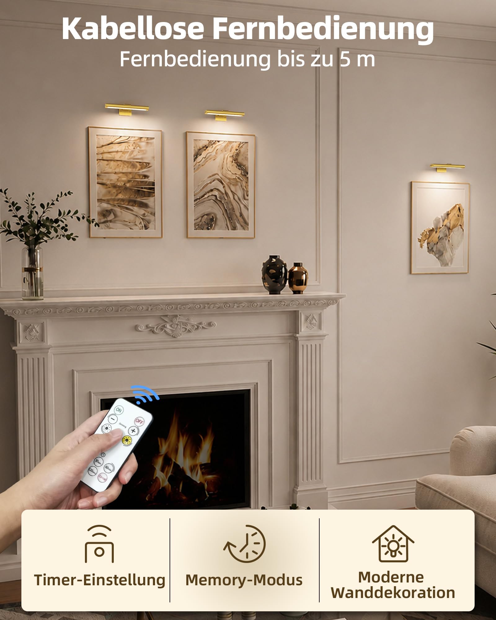 EZVALO Iluminación de Imagen Inalámbrica, Lámpara de Pared Inalámbrica para Interiores, Luces LED con Batería para Espejo de Baño, Cuadros, Pinturas y Fotos (2 Piezas, Oro)