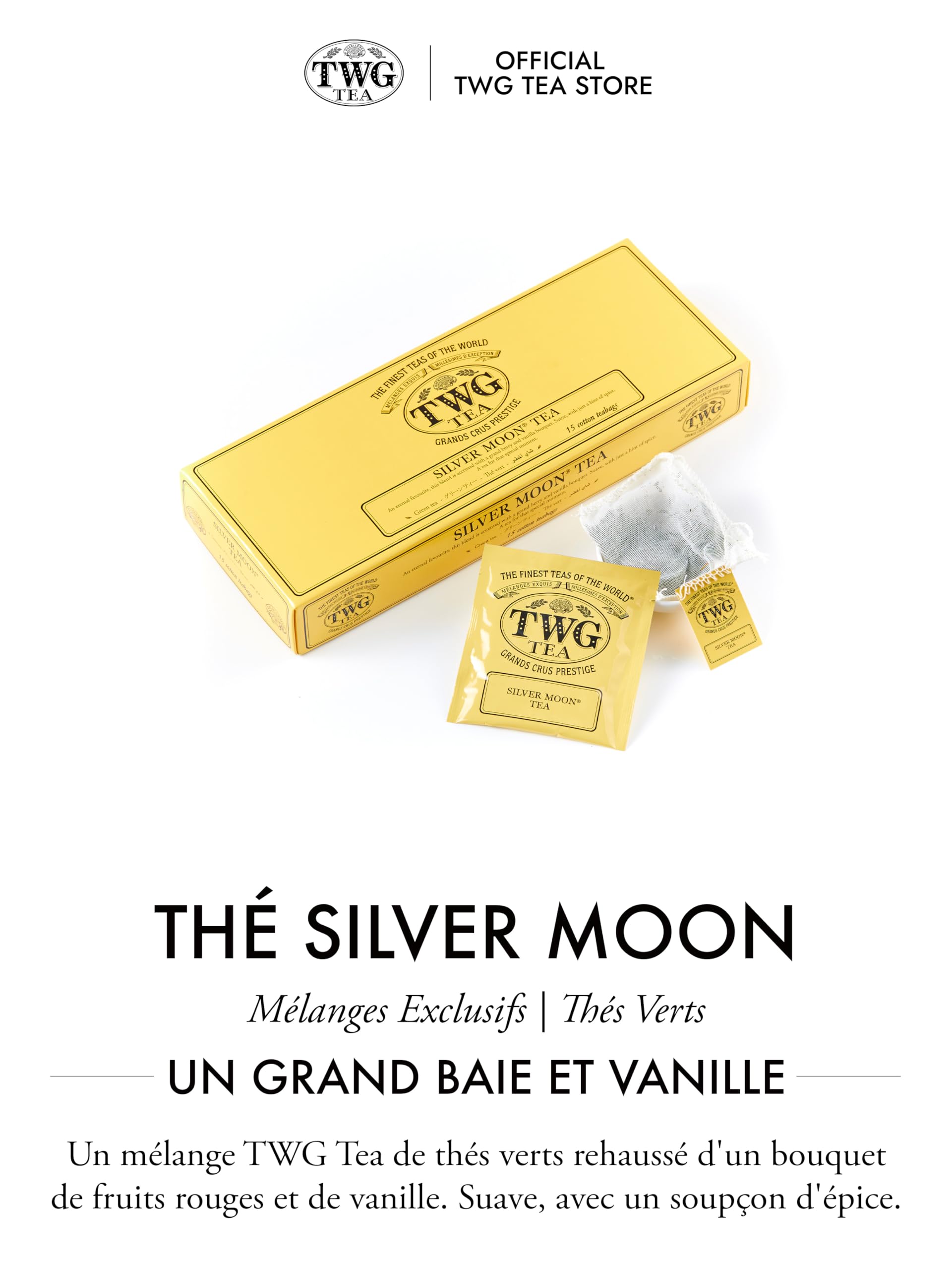 TWG Tea | Silver Moon Tea | Thé Vert | Fruits Rouges et Vanille | 15 Sachets de Thé en Coton Cousus à la Main | Coffret Cadeau