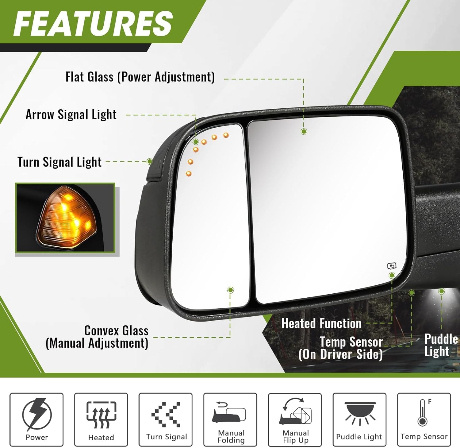 Towing Mirrors Pair Set for 2009-2018 Dodge Ram 1500, 2010-2018 Ram 2500 3500, 2019-2024 1500 Classic Side Mirrors with Turn Signal Light Puddle Lamp Manual Flip Up Power Heated (Smoke Lens)