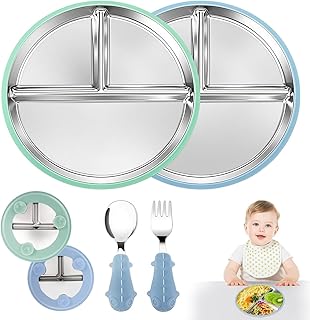 Vasmeiy Set de Vaisselle pour Bébé, assiette bébé en acier inoxydable avec ventouse, Assiettes Divisées couvercle amovible en silicone, avec cuillère et fourchette,pour tout-petits,enfants (Bleu/vert)