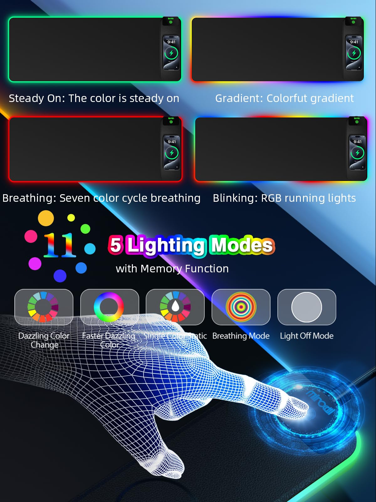 Tappetino per mouse con ricarica magnetica, tappetino per mouse da gioco XL, 80 x 30 cm, 11+5 modalità di illuminazione RGB, grande tappetino da scrivania per casa e ufficio con superficie ultra