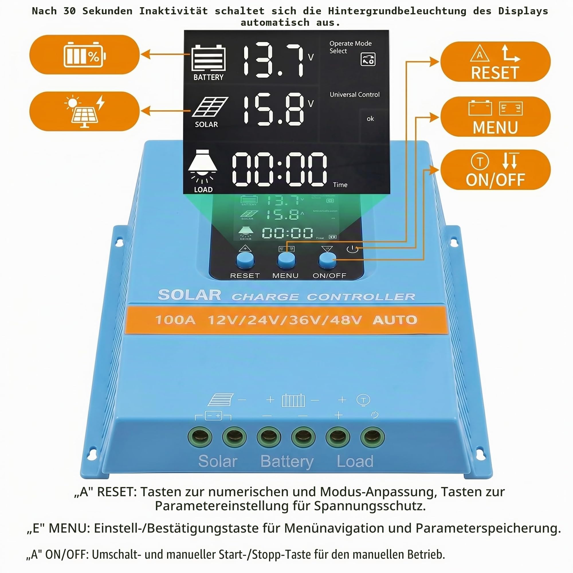 Solarregler 100 A MPPT/PWM Hybrid | Auto-Erkennung 12 V/24 V/36 V/48 V | LCD-Display & Dual USB | für Lithium-Batterien (LiFePO4) & Blei | Ideal für Wohnmobile, Haus und Garten