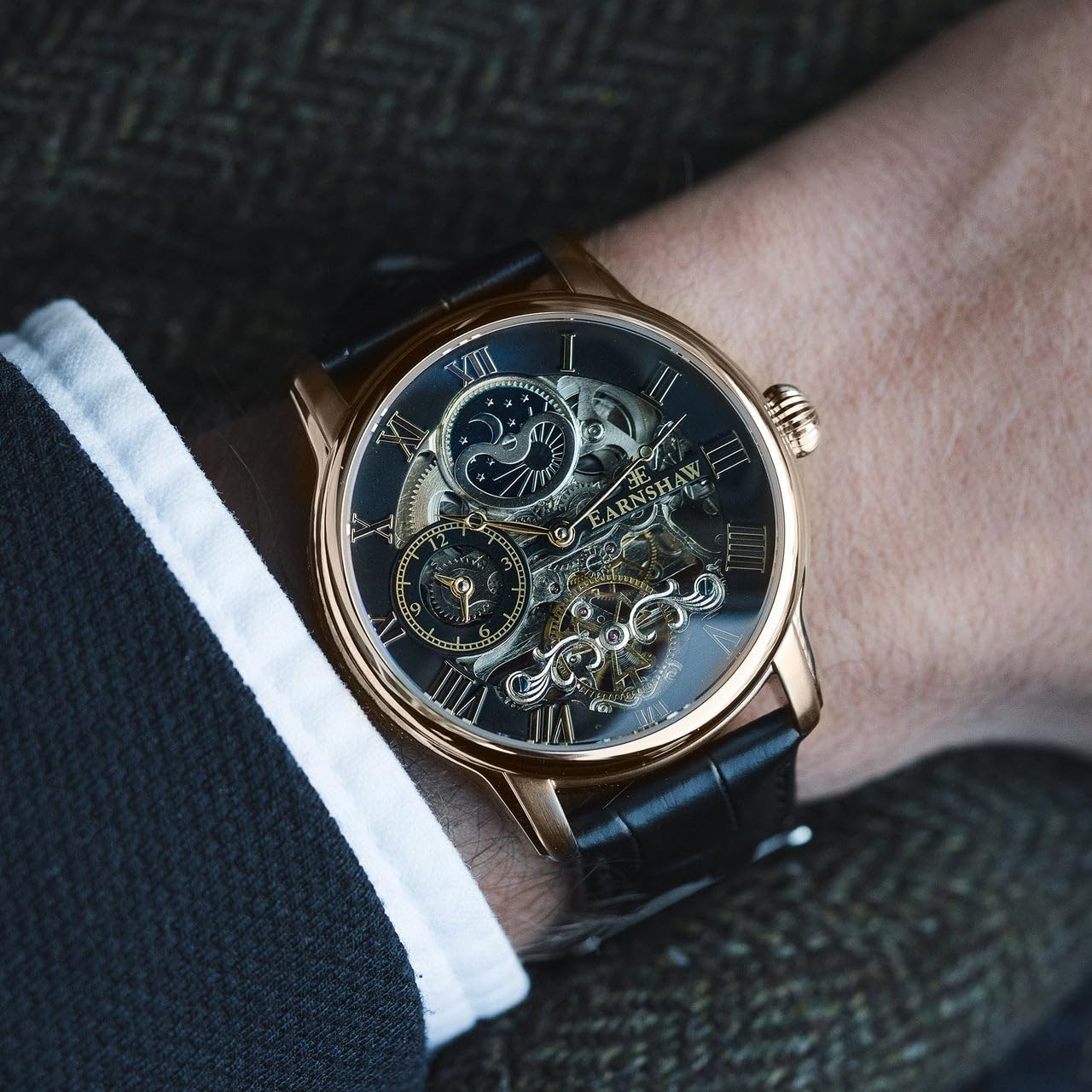 Thomas Earnshaw Męski automatyczny zegarek szkieletowy o długości 44 mm z 12-godzinnym podwójnym czasem, wyświetlaczem słońca i księżyca oraz ozdobnym wirnikiem
