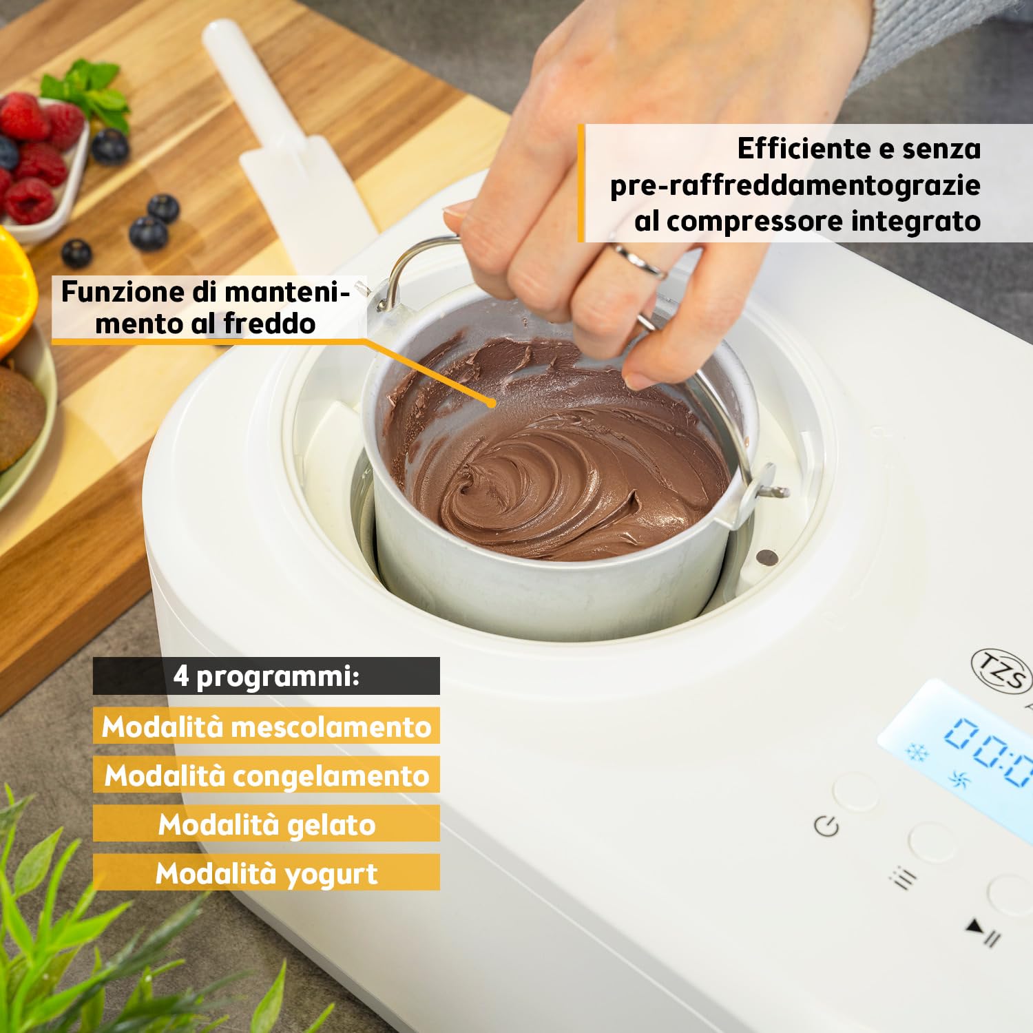 TZS First Austria - Gelatiera 1L con Compressore 3-in-1-100W Macchina per Gelato Autorefrigerante per Frozen Yogurt, Sorbetti e Gelato - Bianco