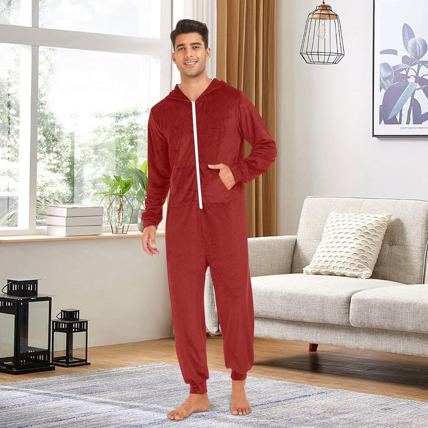 GAIREG Dark Red Adult Onesie Pajamas with Hood Zipper, Soft Warm One Piece Loungewear for Men Women Christmas Sleepwear