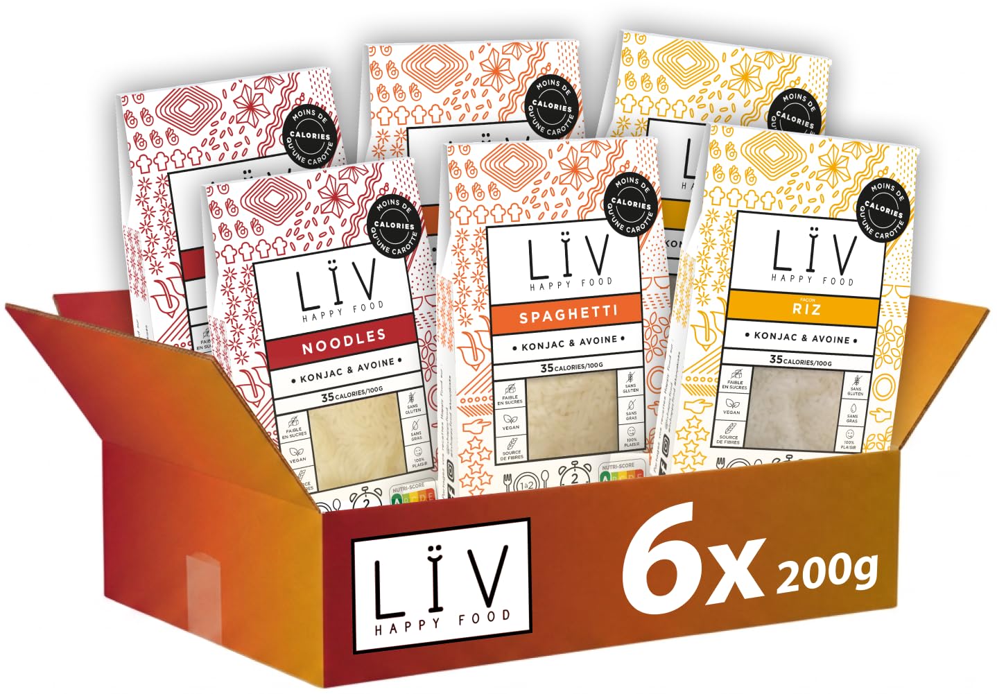 LÏV Happy Food - Trio Nouilles de Konjac, Spaghetti & Riz, 6x200g, Premium