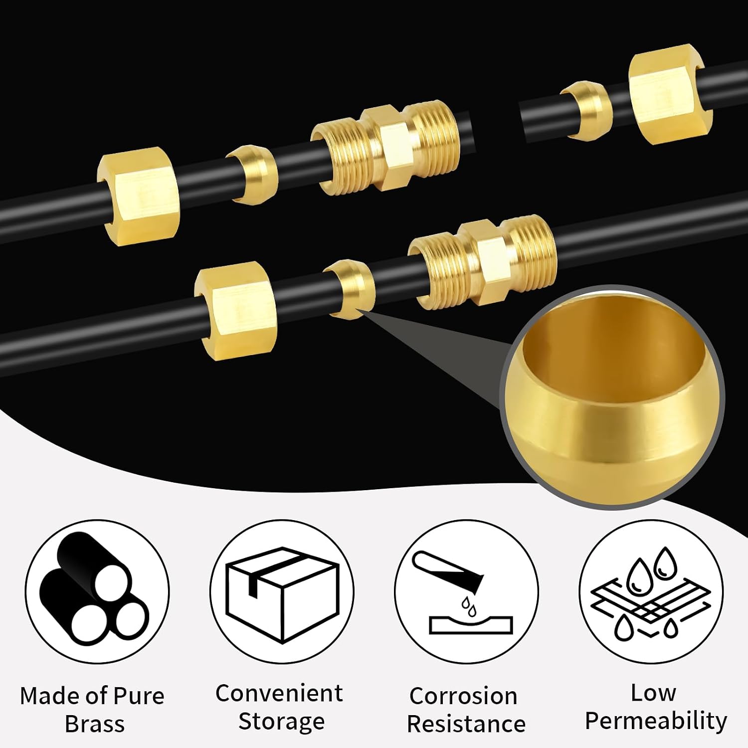 MuHize Brass Compression Ferrules Kit - 50 Pieces 3/8 Inch Lead-Free Sleeves, Tube Fittings for Air Water Coolant Lines(Industrial Grade)