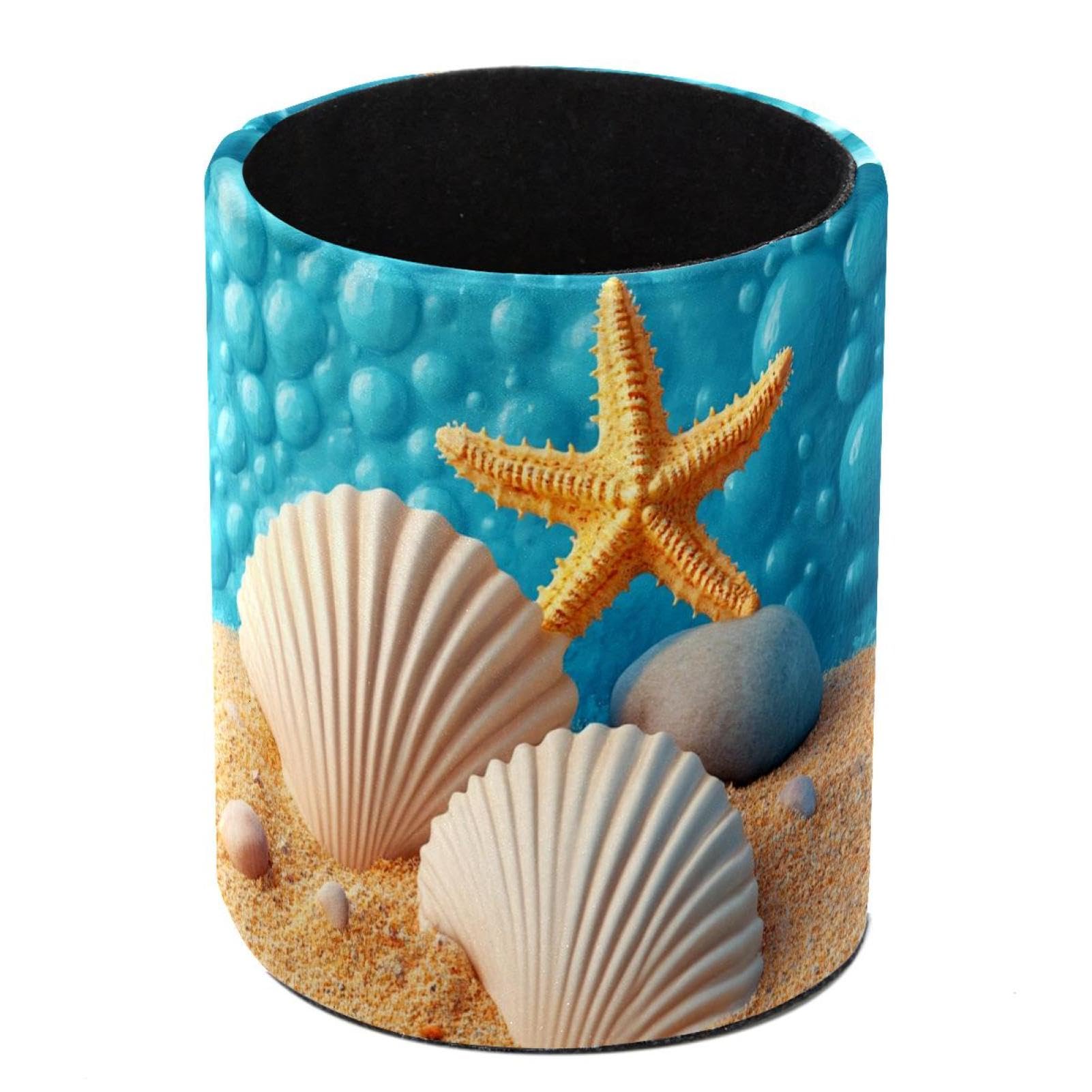 HEOEH Starfish Seashell Pen Holder for Desk, PU Leather Pencil Holder Pen Cup Marker Holder Makeup Brush Holders, Desk Accessories & Workspace Organizers for Home, Office
