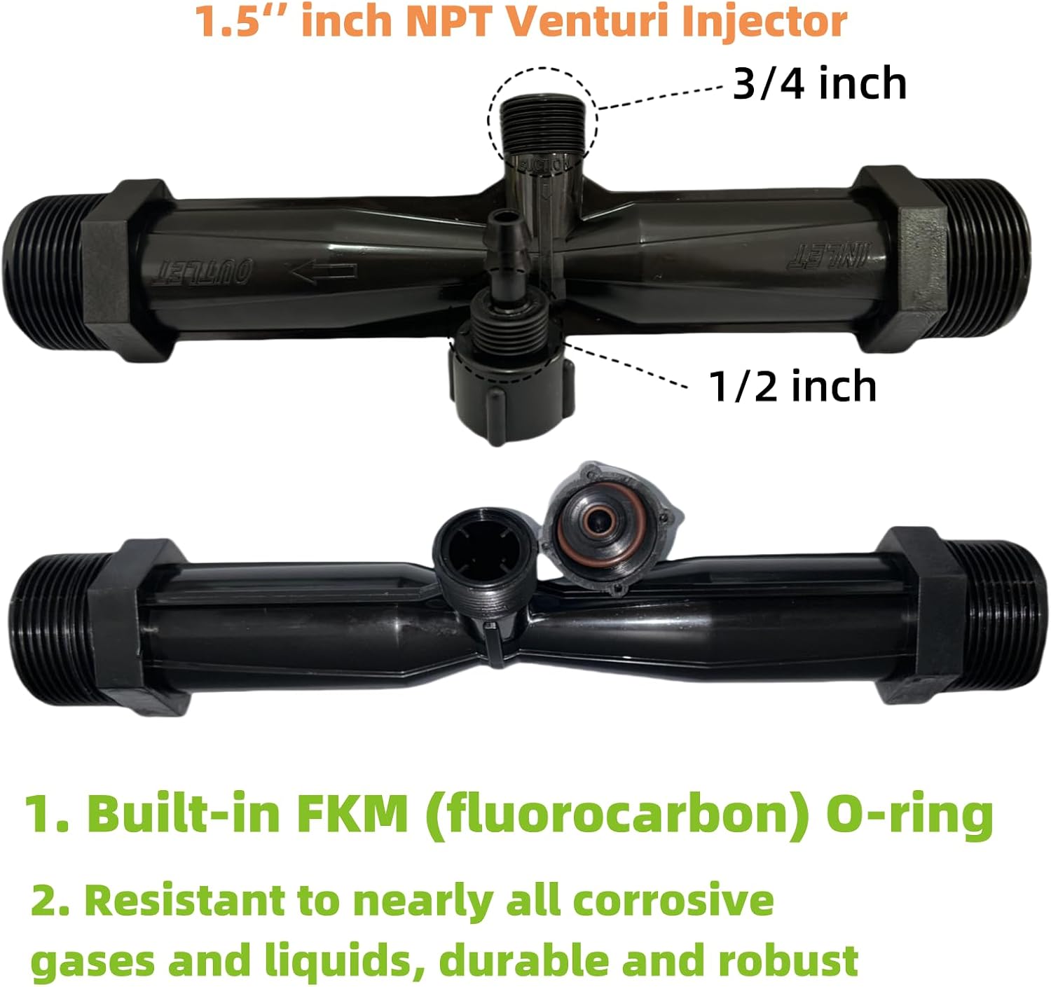 Ozone Venturi Injector,（Black PVDF Material） 1.5" NPT Inlets/Outlets, 1/2" Ozone Injection Port, for Medium to Large Swimming Pools, Water Treatment Ozone and Chlorine Systems