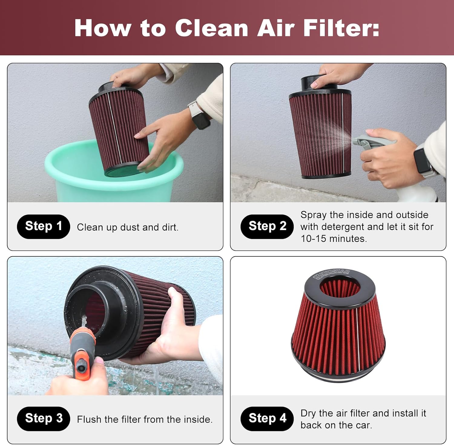 KYOSTAR Universal 6" (152mm) High-Flow Air Filter, Reusable Cone Cold Air Intake, High Performance, Washable, Clamp-On Car High Flow Air Kit, Flange Diameter: 6 Inch, Filter Height: 6.2 Inch, Red