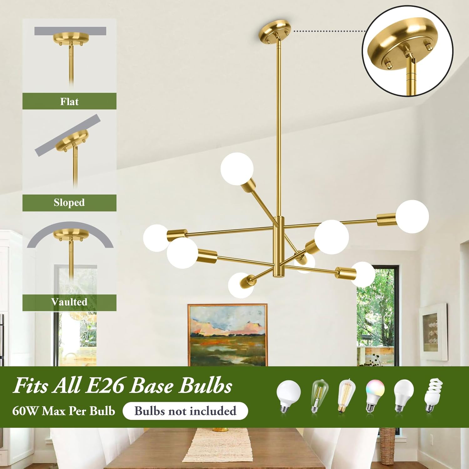 BesLowe 8-Light Modern Sputnik Chandelier, Mid Century Gold Chandeliers Lighting, Farmhouse Ceiling Hanging Light Fixture for Dining Room Bedroom Living Room Kitchen Foyer, Height Adjustable
