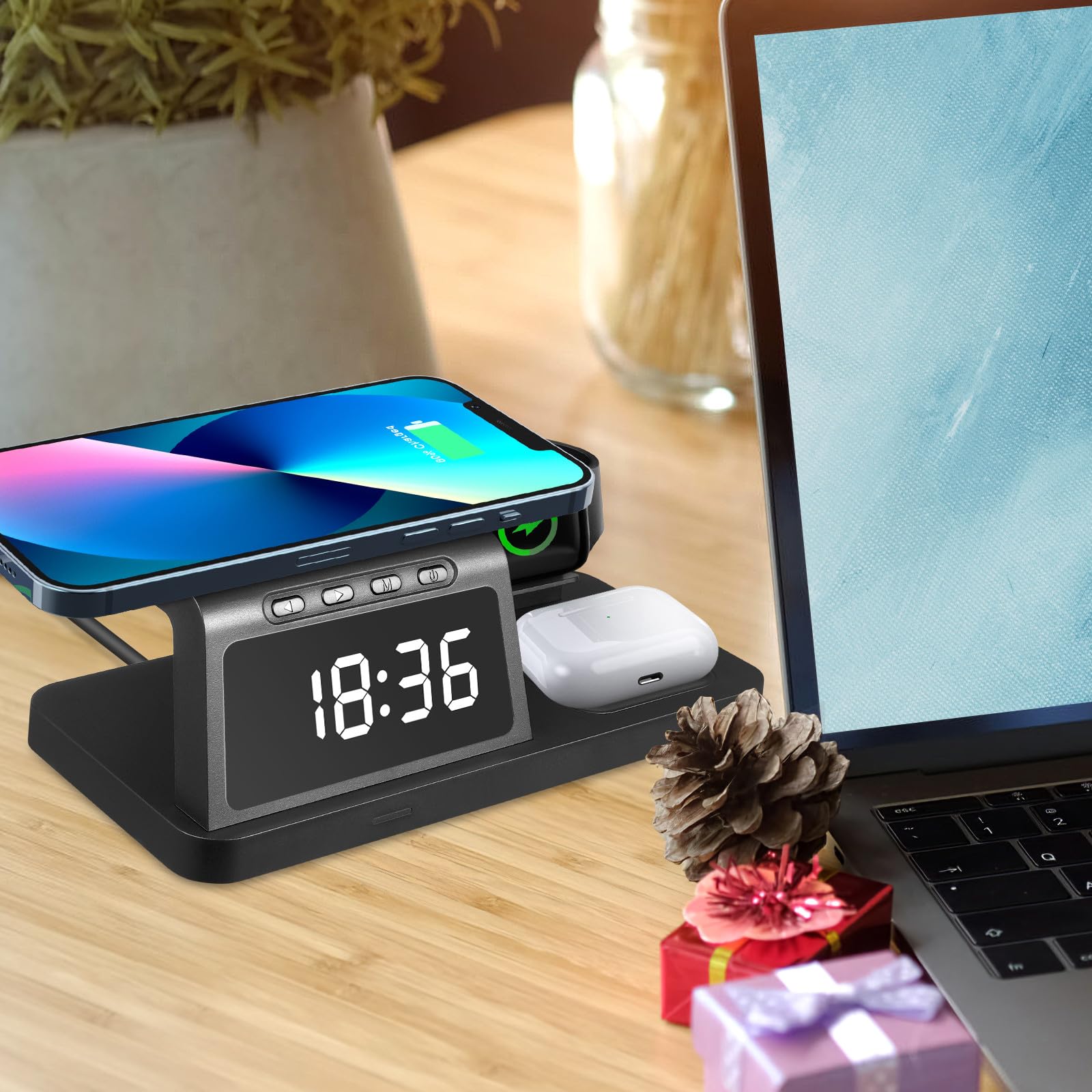 Cargador Inalámbrico 15w Estación de Carga Rápida para Teléfono, Reloj Inteligente y Auriculares Inalámbricos con Base de Carga Multifuncional para Escritorio y Oficina