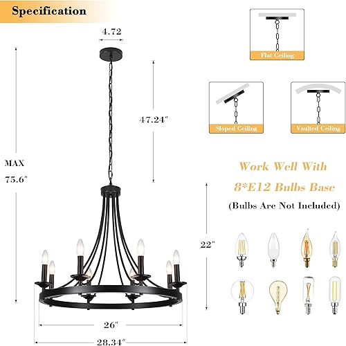 Miniatura 7 de Candelabros de 8 luces negras con rueda de carro, lámpara de granja de 28.3 pulgadas para comedor, lámpara de vela redonda industrial, iluminación