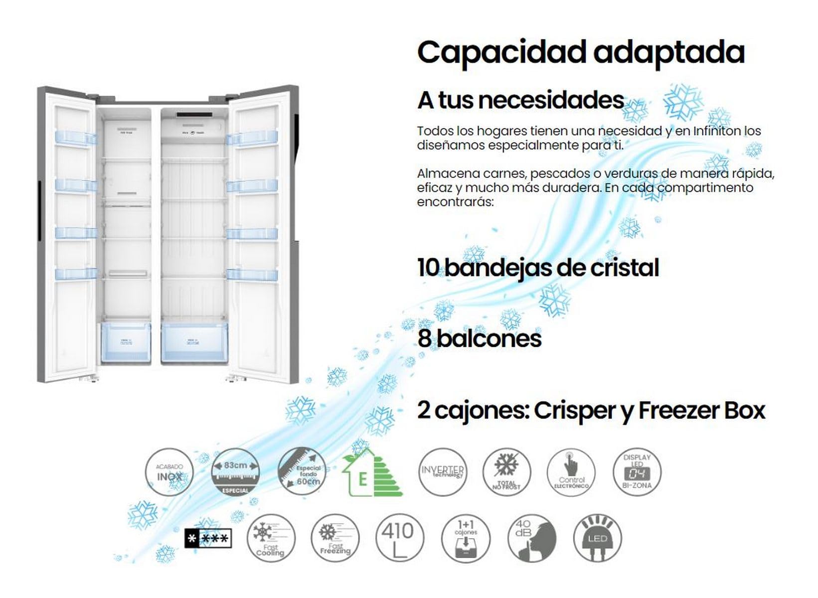 INFINITON Frigorifico Americano SBS-456A78XEL, 410 l, 177 cm de Altura, No Frost Total, Ancho Especial de 83 cm, Fast Cooling y Fast Freezing, E, Led Interior, Inox
