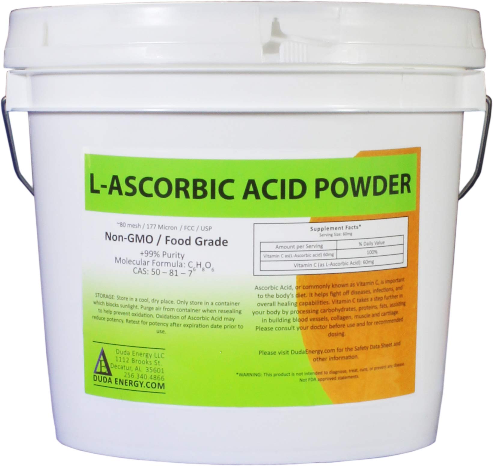 Duda Energy asc8p Pail of L-Ascorbic Acid Powder 99+% Food Grade USP36/BP2012 Naturally Fermented Pu