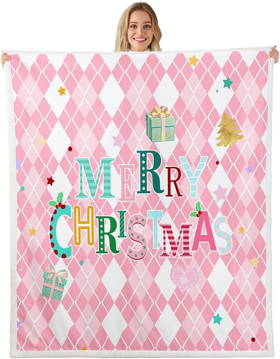 Erosebridal Merry Christmas Fleece Throw Blanket for Kids Girls Boys Pink Christmas Decor Sherpa Blanket Twin Size,Winter Xmas Decoration Fuzzy Plush Kawaii Xmas Gift Blankets for Bedroom Living Room