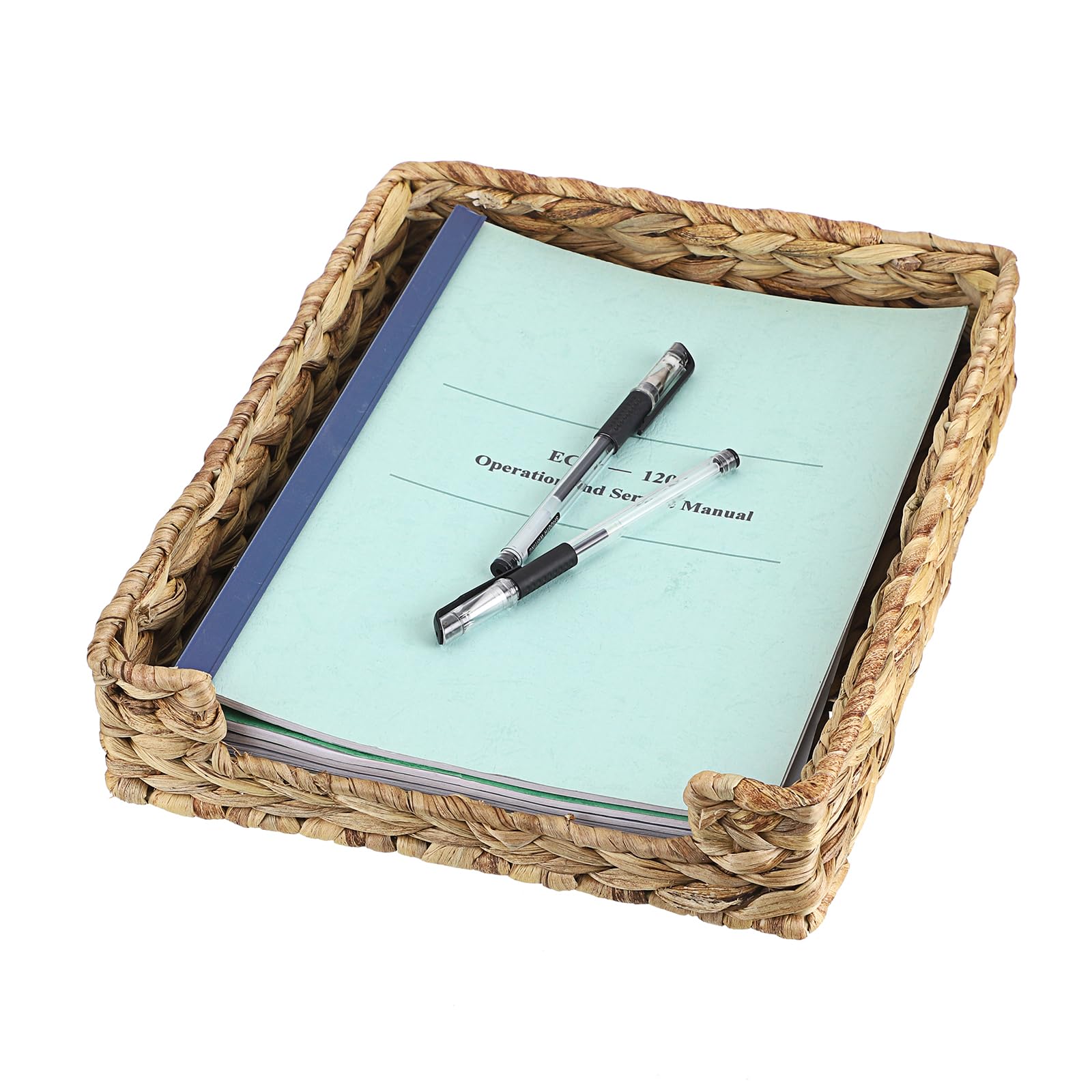 Cesta tejida de jacinto de agua, bandeja de documentos natural, bandeja impermeable para cartas, organizador de escritorio trenzado para documentos de papel A4, documentos, revistas, 33 x 27 x