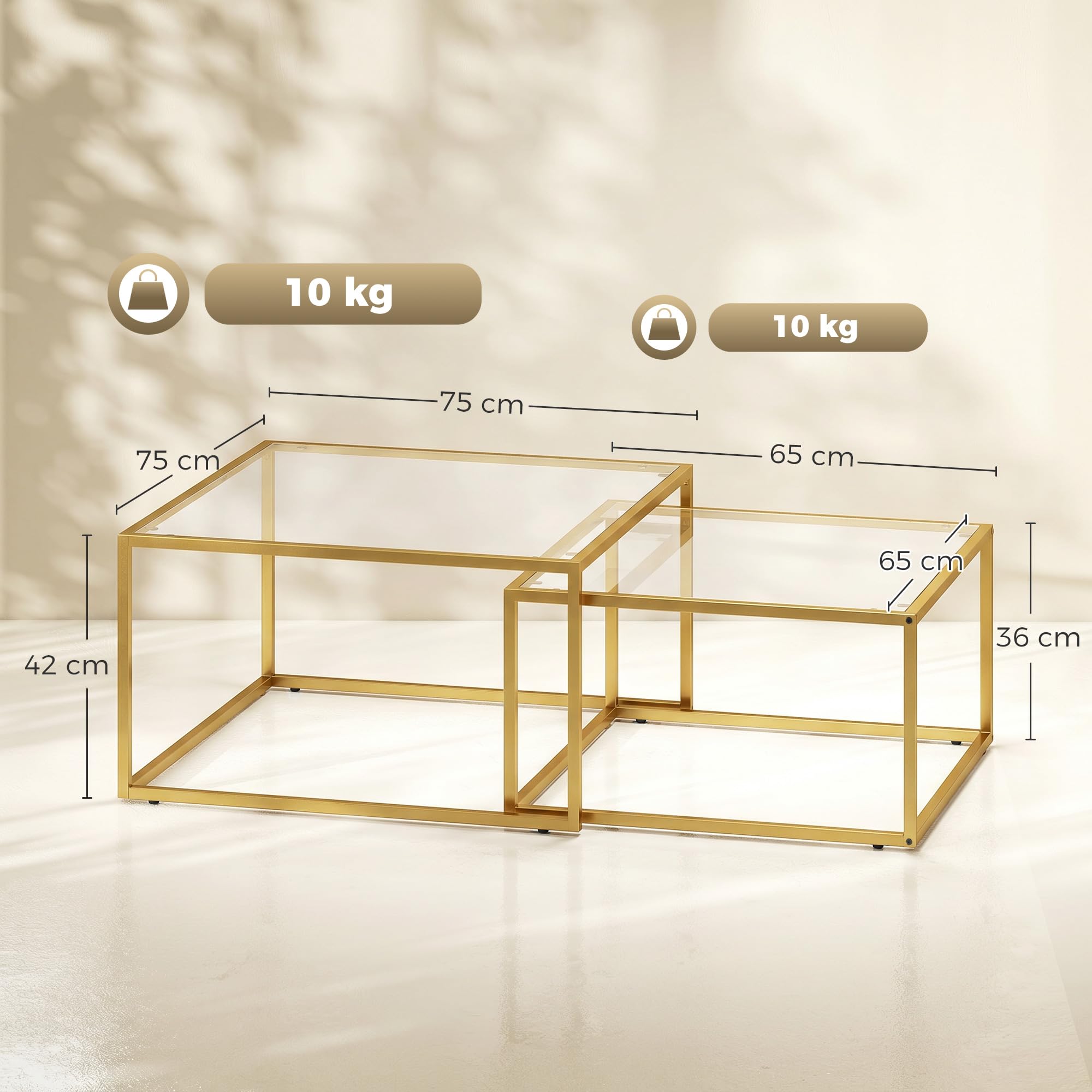 HOMCOM Set de 2 Mesas de Centro Cuadradas Modernas 75x75x42cm Dorado | Mesas Nido, Tablero de Vidrio Templado, Estructura Metálica, Ahorra Espacio, para Salón, Dormitorio u Oficina
