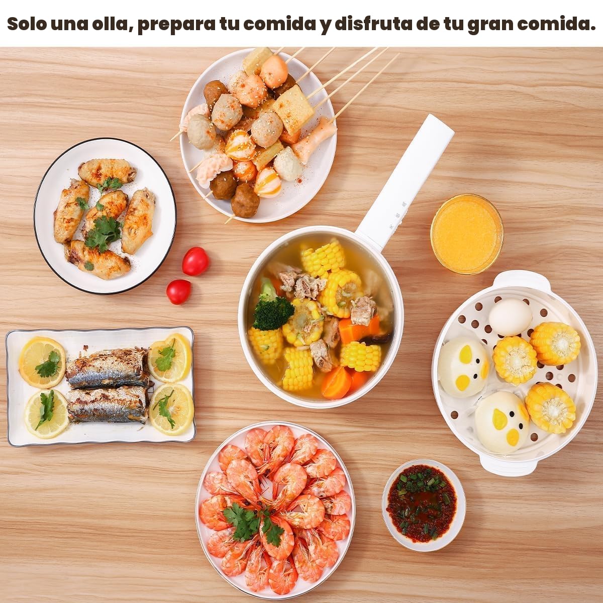Olla Eléctrica 1.5L con Vaporera, Sartén de Cerámica Antiadherente, Olla de Viaje Portátil para Ramen/Bistec/Fondue/Sopa, Olla Multiusos para Dormitorio/Camping/Casa, Doble Control de Potencia, Blanco