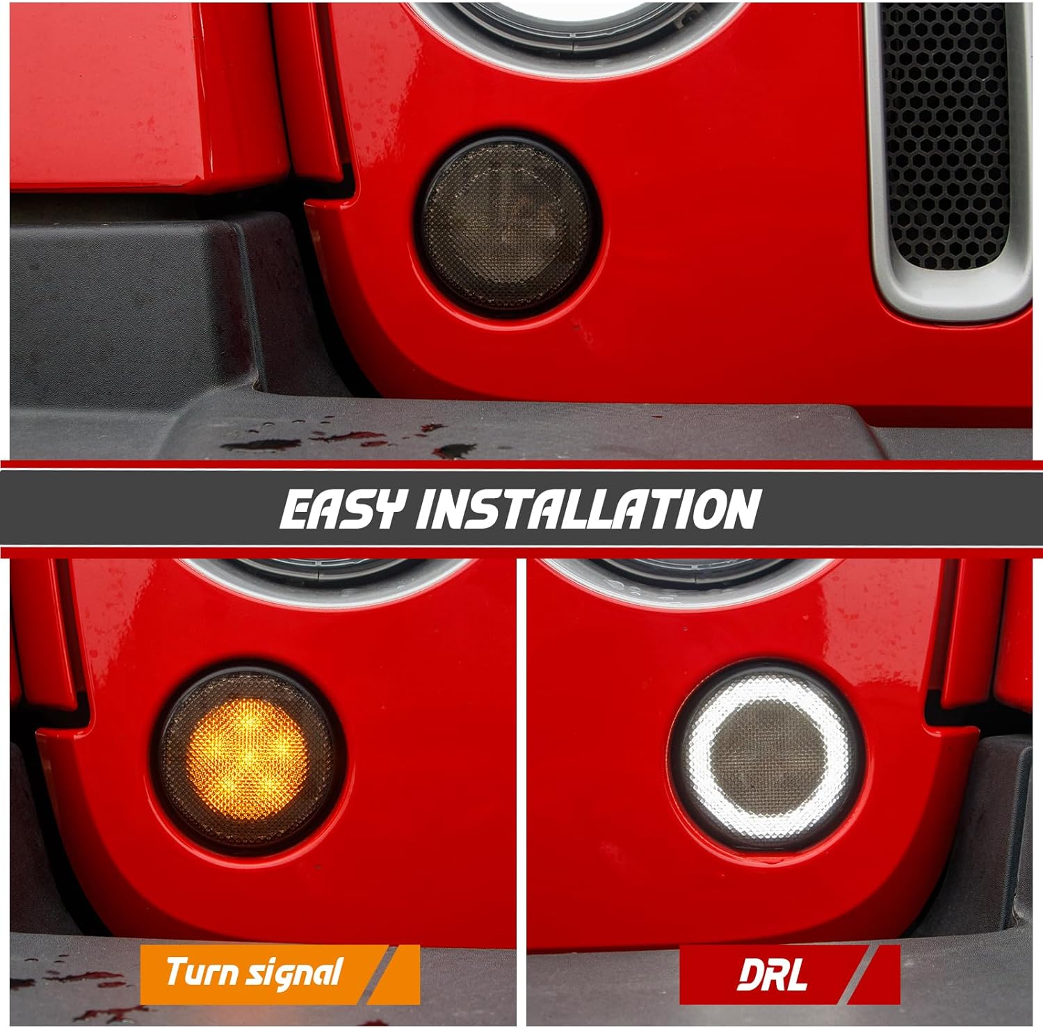 LED Turn Signal Lights Compatible with Wrangler JK JKU 2007-2018, White Halo as Daytime Running Lights,Yellow Honycomb LED as Turn Signal 2PCS (Smoked Lens)