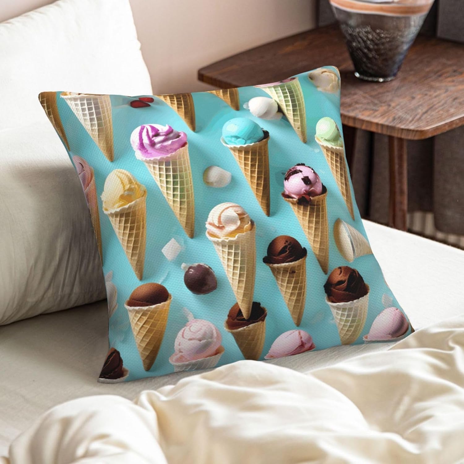 Ice Cream Cones Imitation Linen Pillowcase -2 Sets, Fashionable Home Decoration, Used for Sofas, Gardens, beds