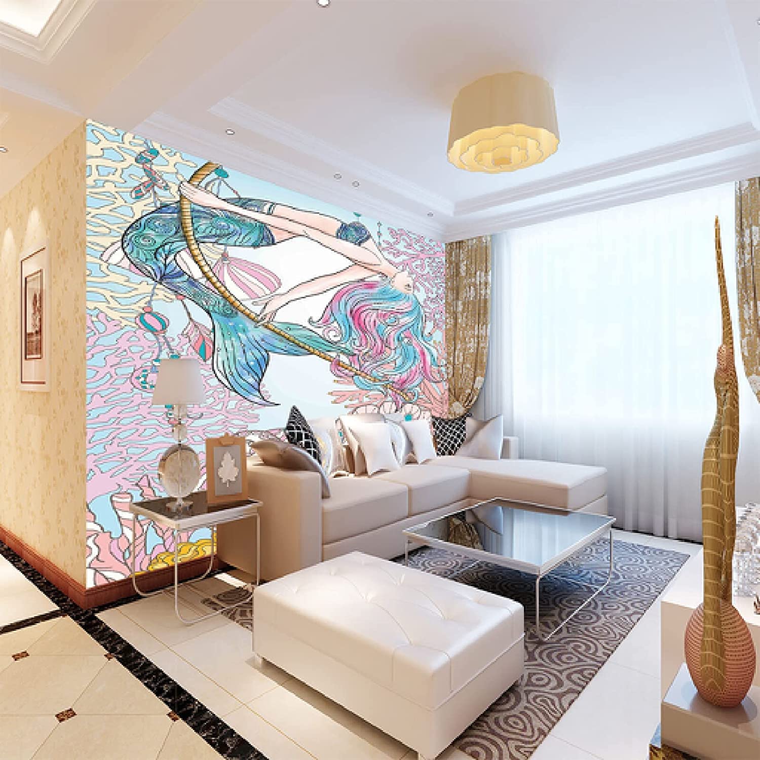 Estilo Europeo 3D Dibujos Animados De Sirena Océano Coral Murales Fotográficos Papel Tapiz Sala De Estar Hotel Fondo De Lujo Pintura De Pared Decoración Peel And Stick Carteles 250(ancho)x175(alto)cm