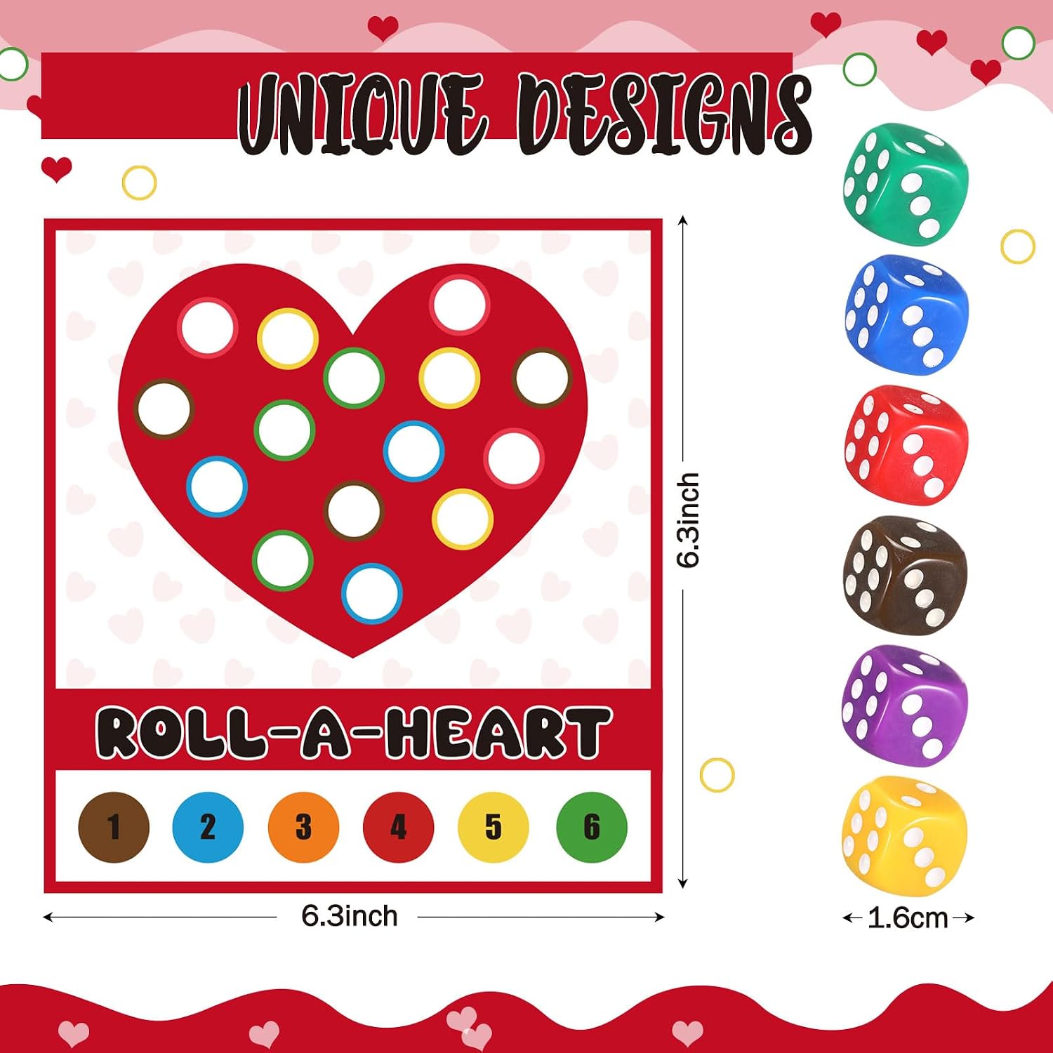 Wettarn 30 Sets Valentines Roll a Heart Game Kits for Family Classroom Activity Galentine with 30 Game Themed Cards 30 Dice for Valentine Party Supplies image 2