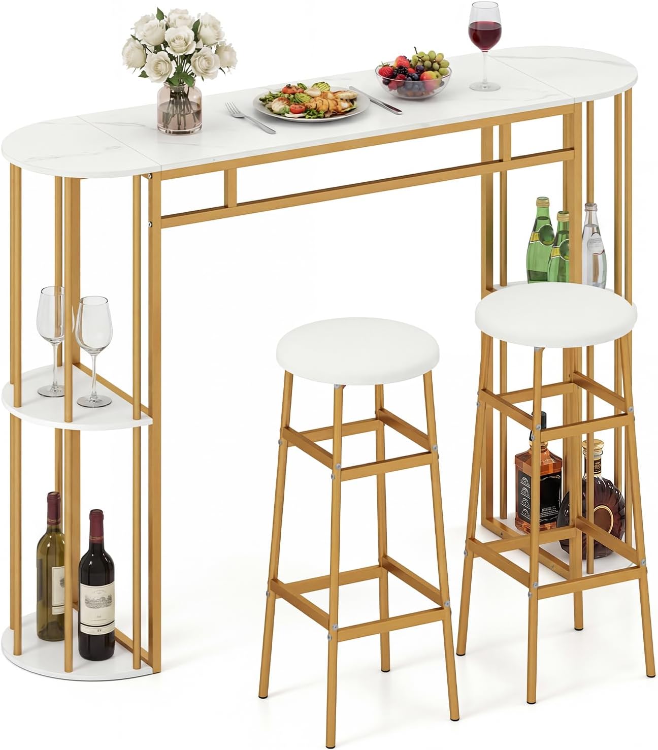 3-Pieces Bar Table Set for 2, 60” Pub Tables with 2 Padded Stools, Faux Marble Tabletop, Storage Shelves, Non-Slip Foot Pads, Dining Table Set for Dinette, Dining Room (Golden and White)