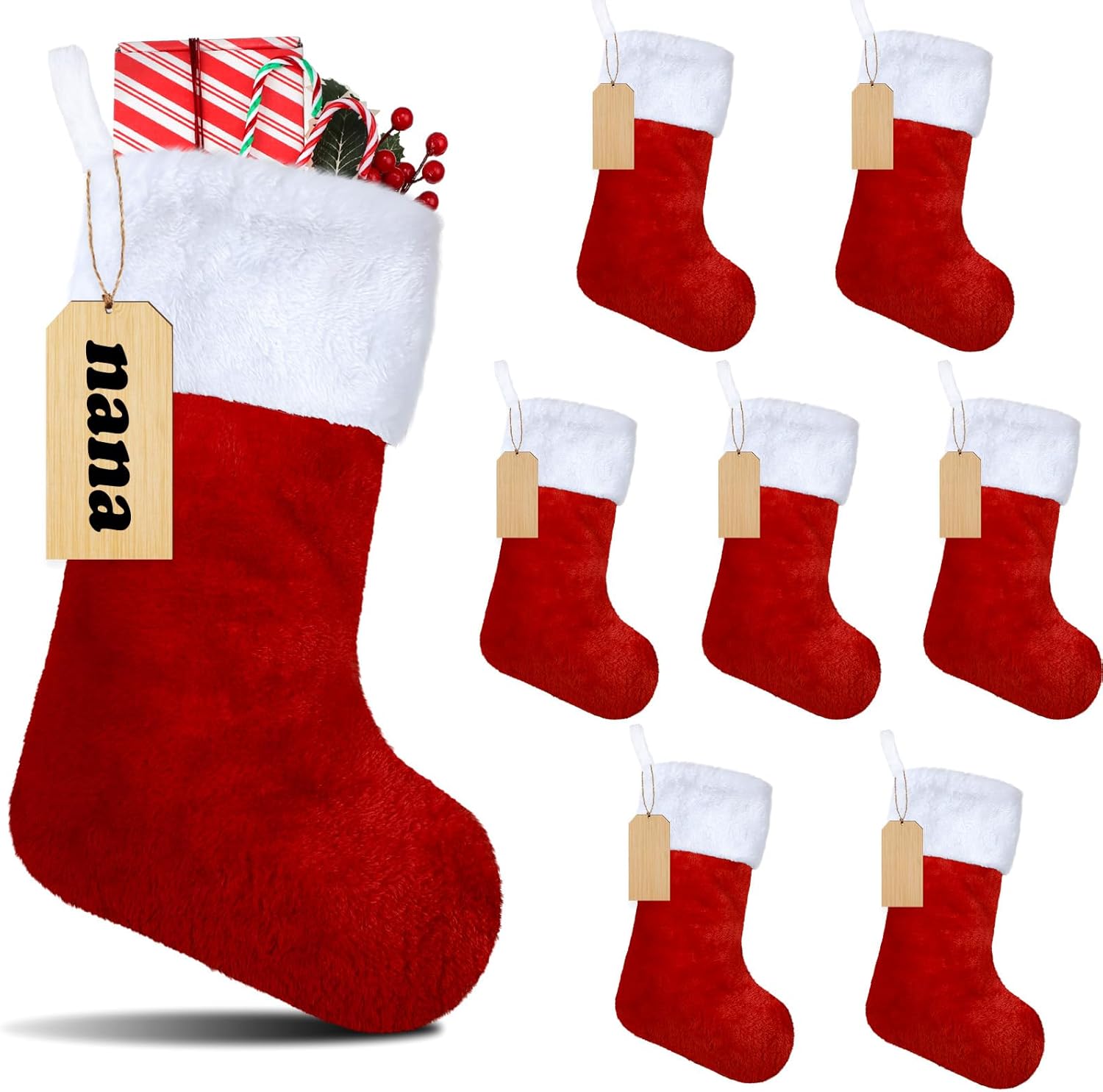 8 Set 18 Inch Black Christmas Stocking Personalized Name Tags Thick Plush Fabric Hanging Stockings Unfinished Wood Tags for Xmas Holiday Party Tree Fireplace(Black)