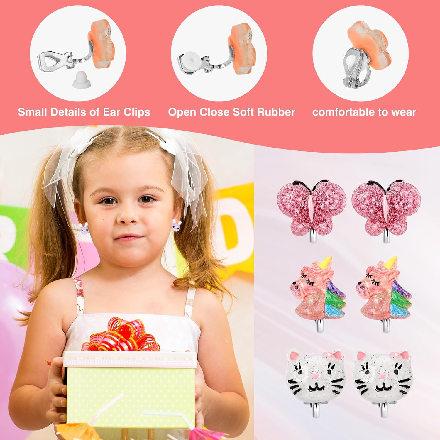6Pairs Butterfly Clip On Earrings for Little Girls, Toddler Children Unicorn Jewelry Rabbit Cat Earrings Kids Dress Up Jewelry-A1