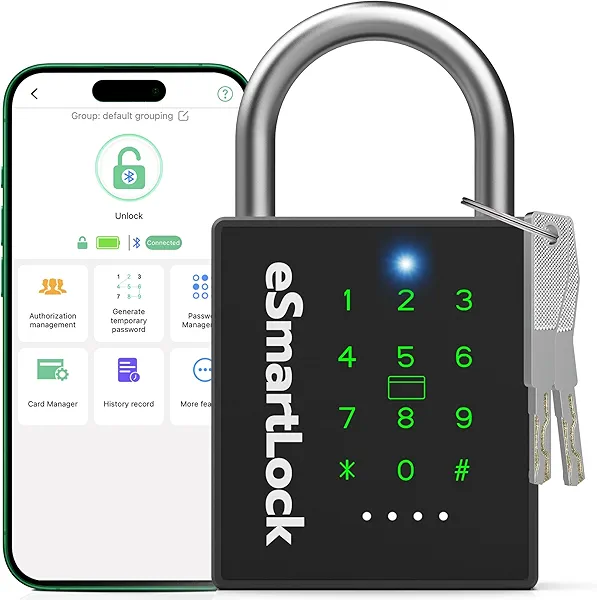 Dhiedas New Smart Padlock with Key, Heavy Duty Combination Padlock, RFID Pad Lock with Codes Bluetooth APP Access, Outdoor Waterproof Electronic Key Lock for Gate Fence Shed Locker Garage Garden