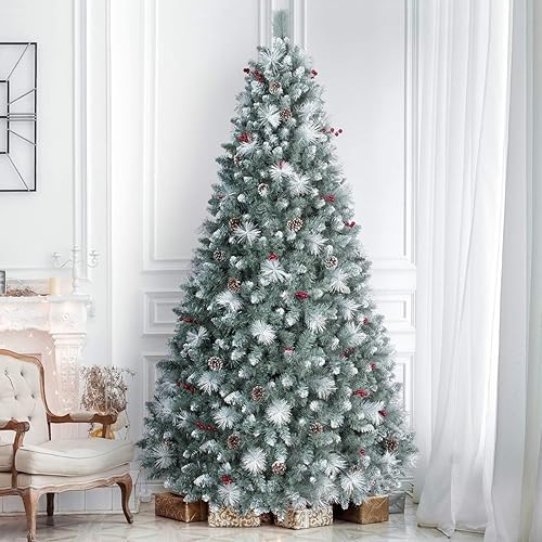 Miniatura 6 de OasisCraft Árbol de Navidad de pino preiluminado de 9 pies, 800 luces cálidas, certificado UL, conos de pino y bayas con bisagras, árboles