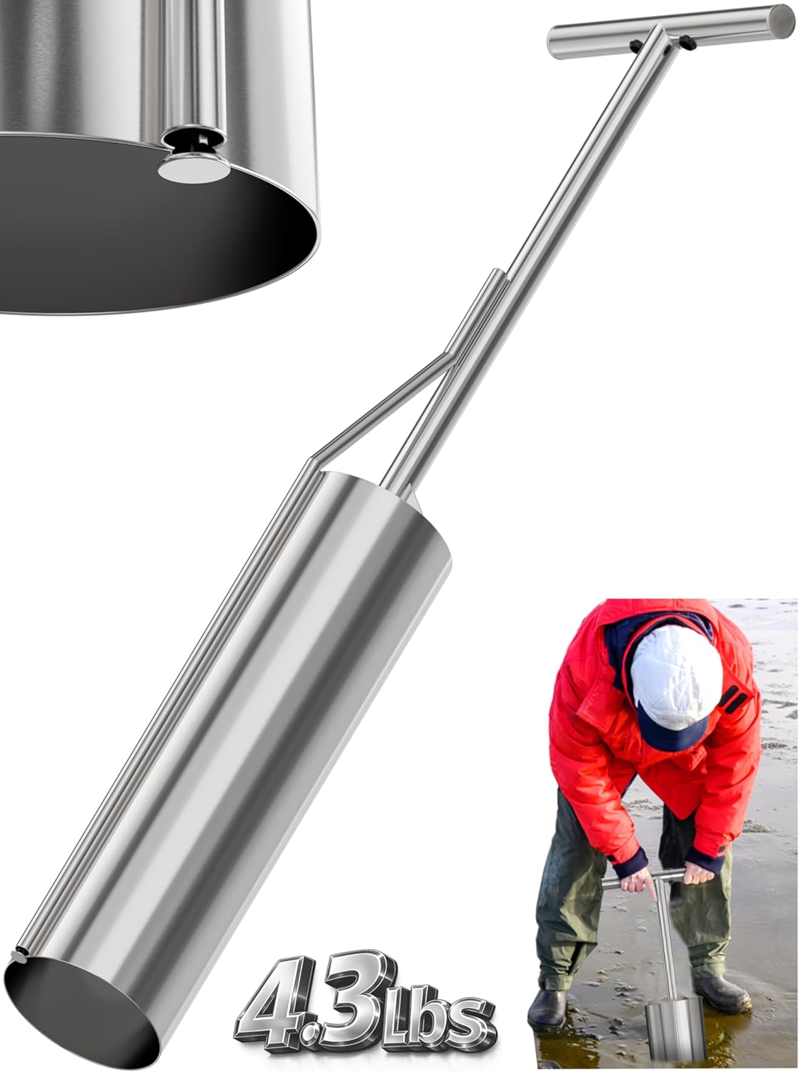 SturdyShape Clam Gun for Clamming Stainless Steel with Vent V3 33 Inch and 5 Inch Tube Diameter HD for Recreational Clam Diggers & Harvesters