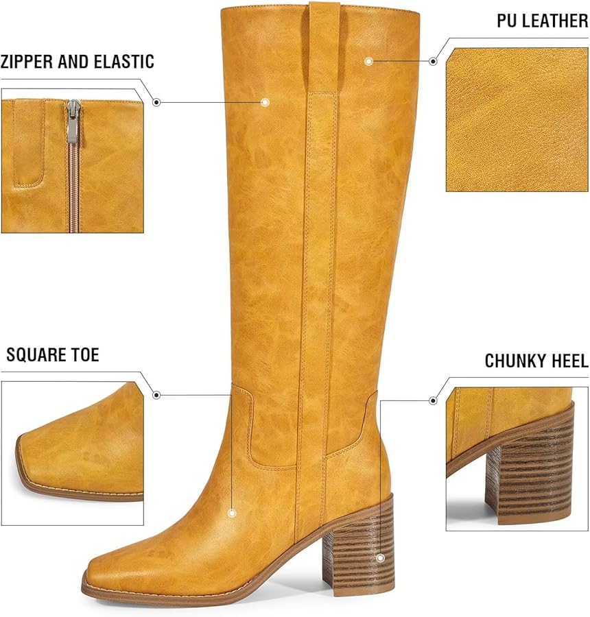 Amazon.com | ISNOM Banana Knee High Boots for Women with Square