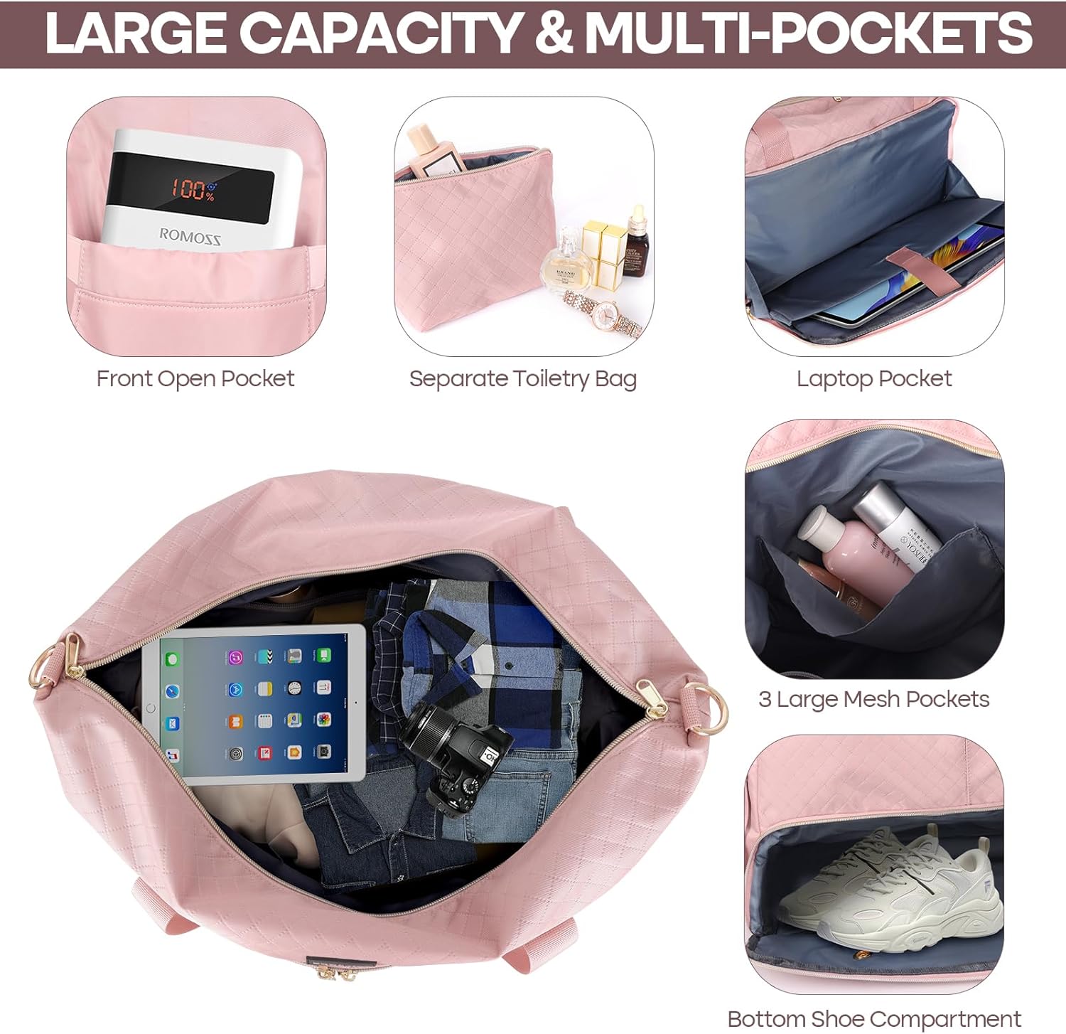 Weekender Overnight Bag for Women, Large Travel Duffel with Shoe Compartment, Wet Pocket, USB Charging Port, Carry-On Gym Tote Bag (Pink) - Image 3