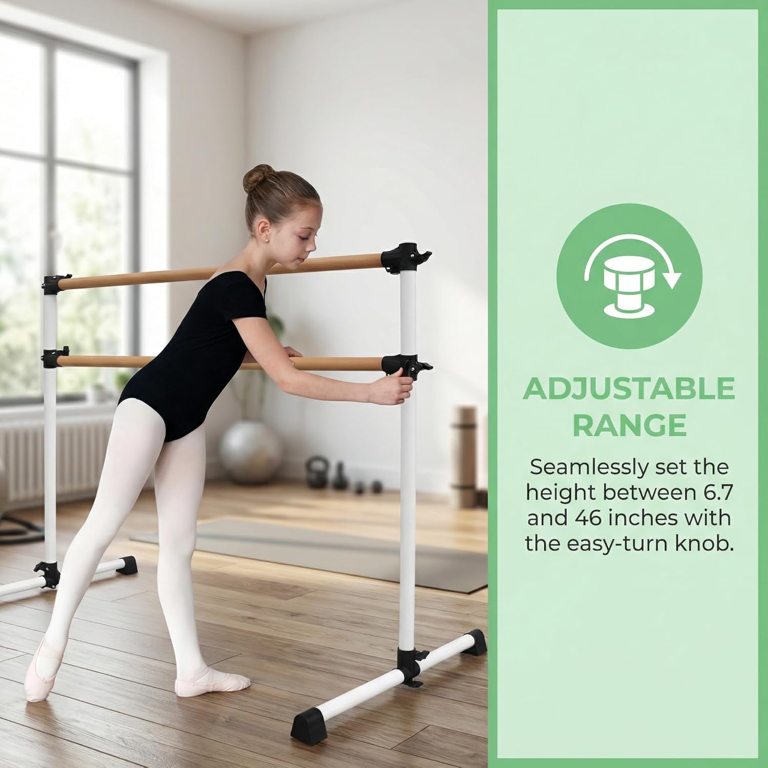 6FT White Solid Wood Ballet Barre - Adjustable Height 6.7-46 Inches for Athletic Training, Fitness, and Dance Practice