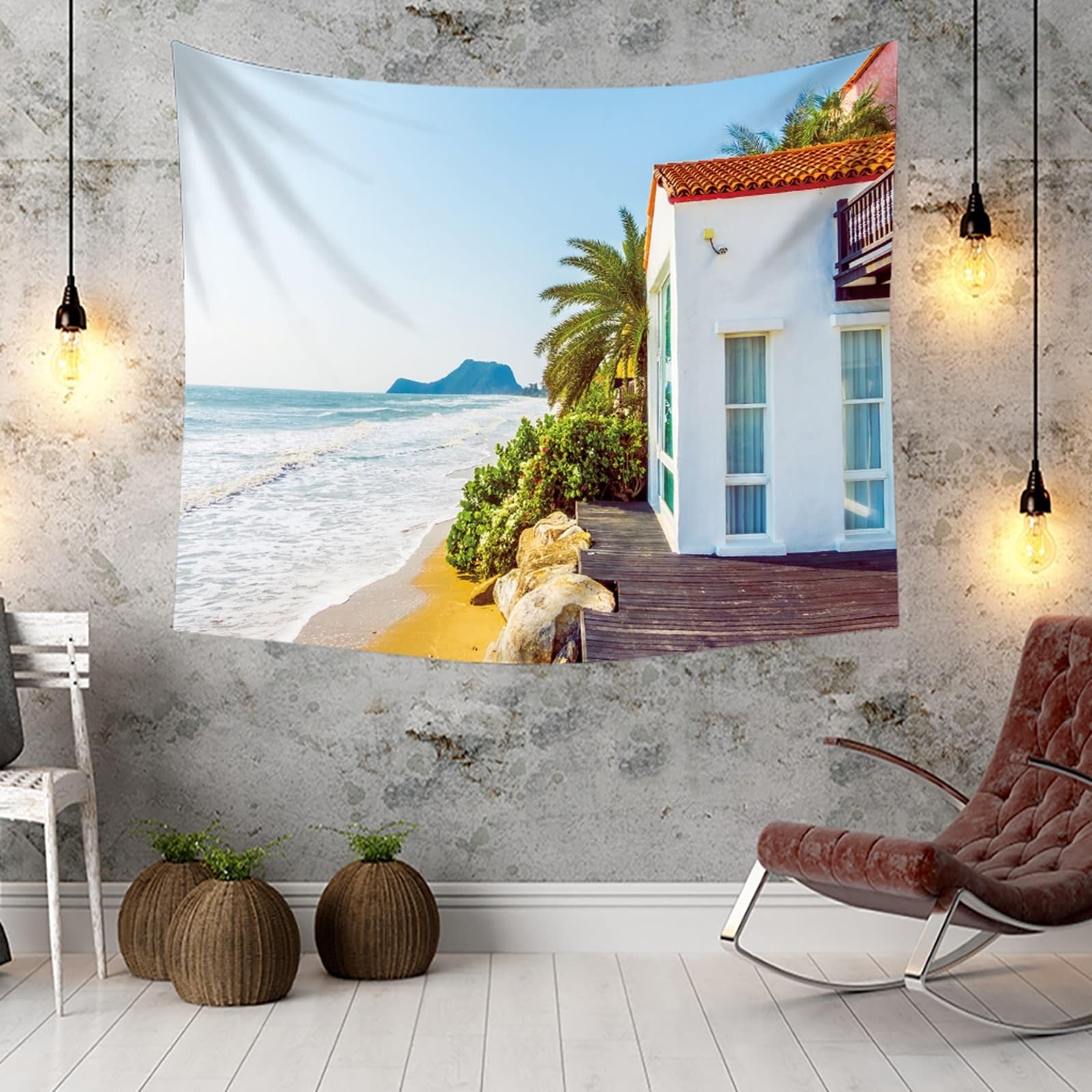 Wandtuch Landschaft Natur XXL, Wandteppich Meeresufer Villa Landschaft Wandteppiche XXL Polyester Accessoires für Wohnzimmer Wanddeko, Hellblau Grün, 300x256cm