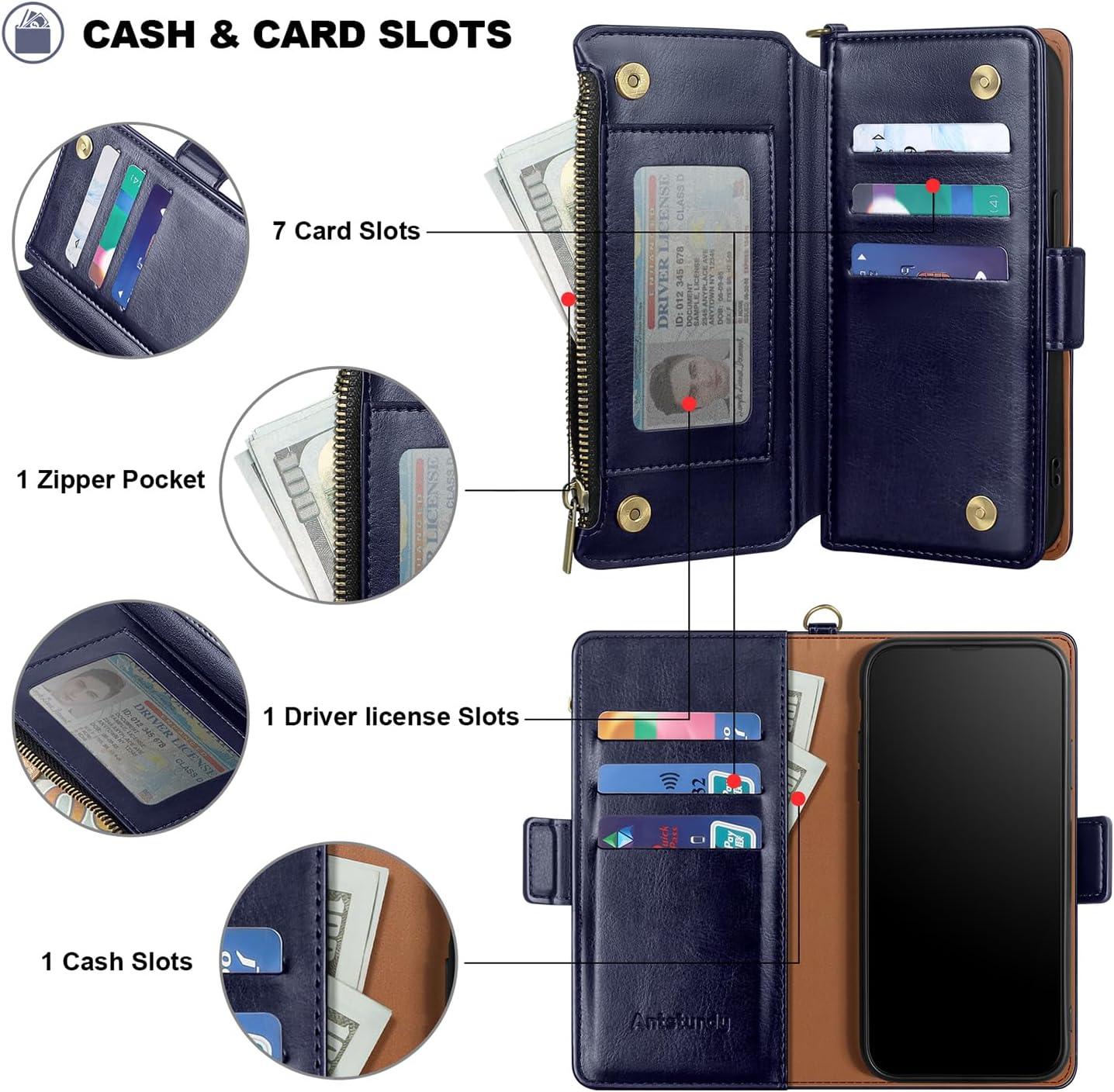 Antsturdy Compatible with iPhone 16 Wallet Case,RFID Blocking PU Leather Phone Case Women Men Kickstand flip Cover Wrist Strap Zipper Credit Card Holder Slots for Apple 16 6.1",Dark Blue