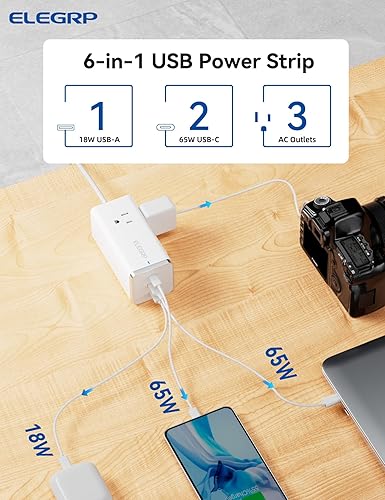 Miniatura 3 de ELEGRP Regleta de alimentación 6 en 1, 3 tomas de corriente ampliamente espaciadas, 3 puertos de carga USB, 1200 W con cable de extensión de 5 pies,