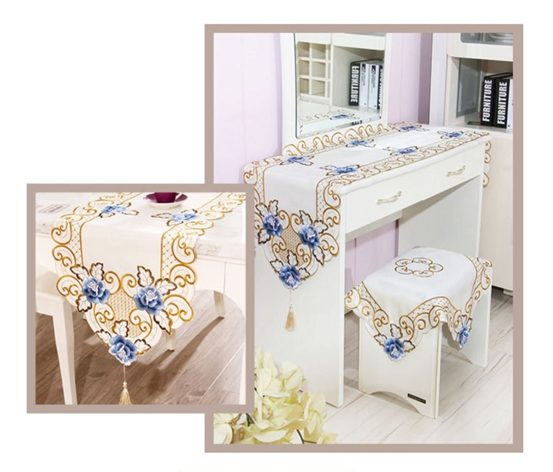 Caminos de Mesa Estampados, Decoracion para Mesa Comedor Bordado de Borlas Azul Poliéster 40x150CM