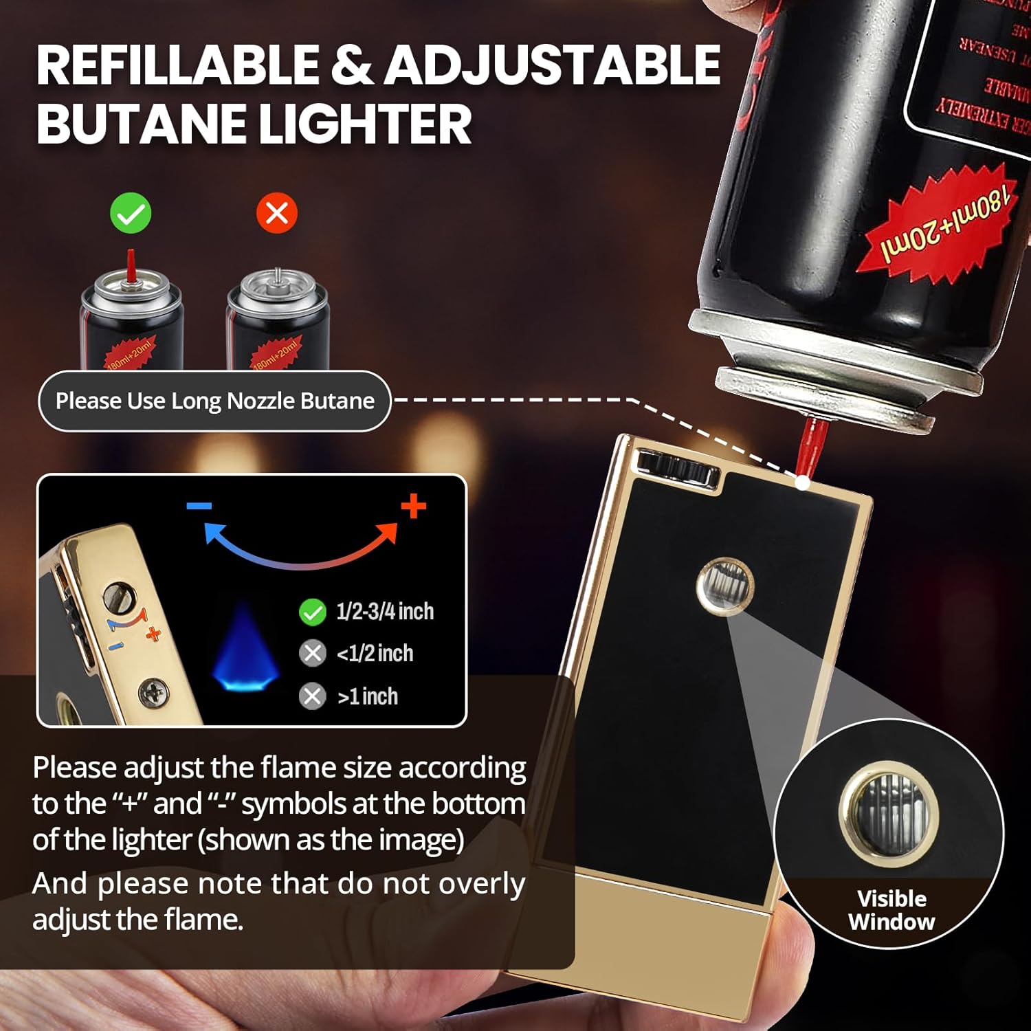 Torch Lighter, Cool Butane Torch Lighter, Flat Jet Flame Refillable Butane Lighters, Unique Slim Pocket Lighter with Visible Window, Windproof Adjustable Fancy Lighters, Novelty Gifts for Men