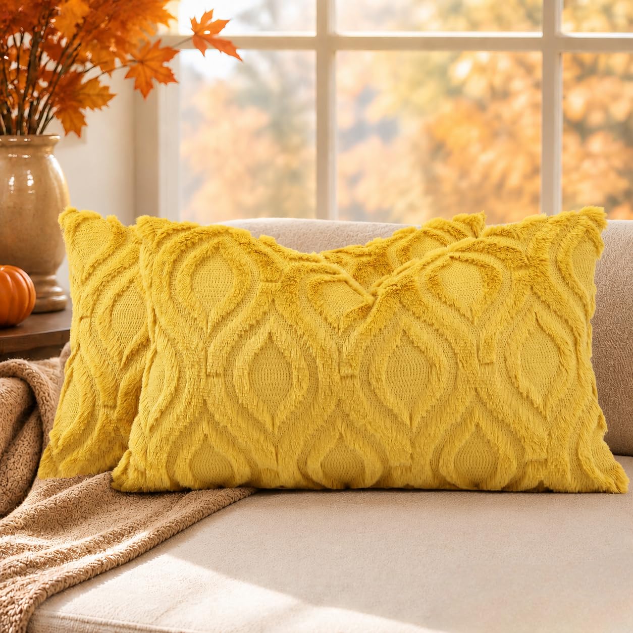 decorUhome Faux Fur Mustard Yellow Throw Pillow Covers 12x20 Set of 2