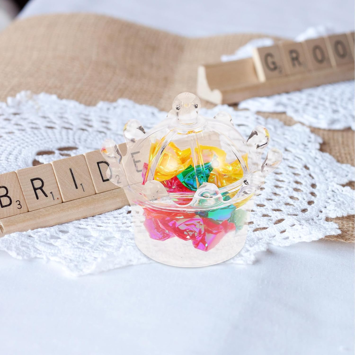 RUNROTOO 24pcs Mini Crown Party Favor Boxes Plastic Wedding Favour Candy Treat Containers for Bridal Shower and Birthday