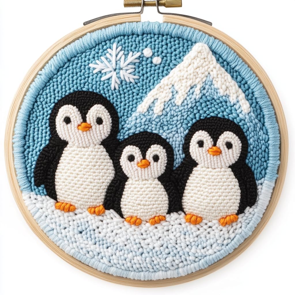 DIY Punch Needle Kits Penguins Family Snow Mountain with Hoop 20x20cm-3