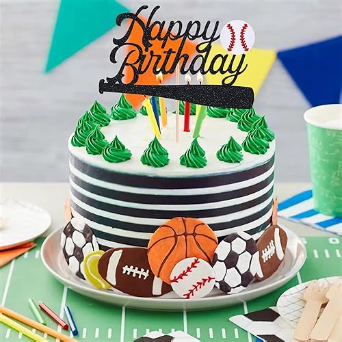 Miniatura 2 de AHAORAY Decoración para pastel de béisbol de feliz cumpleaños, suministros de decoración de fiesta de béisbol con purpurina negra, perfecto para